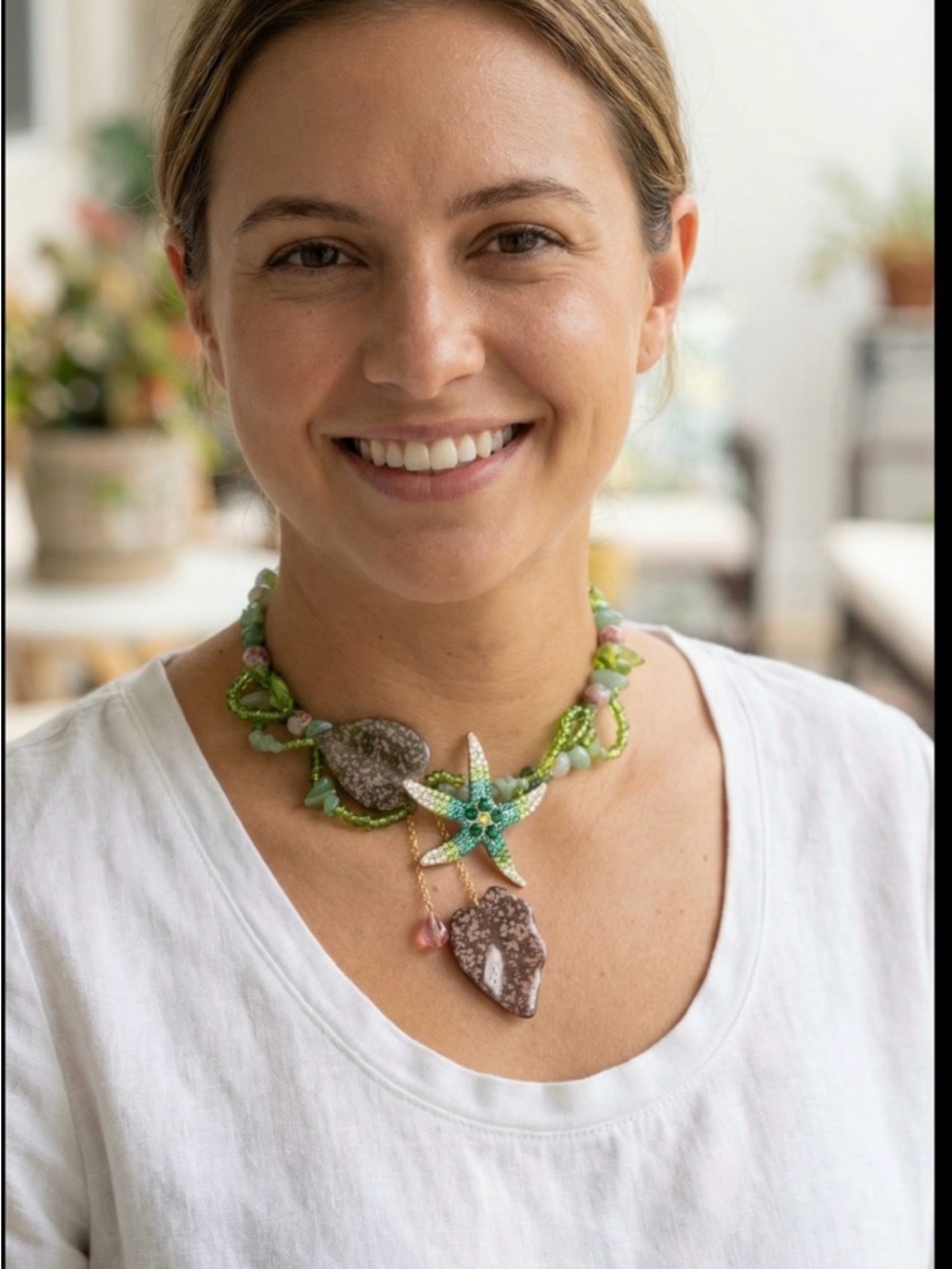 Green Beaded Starfish Pendant Necklace - Designer